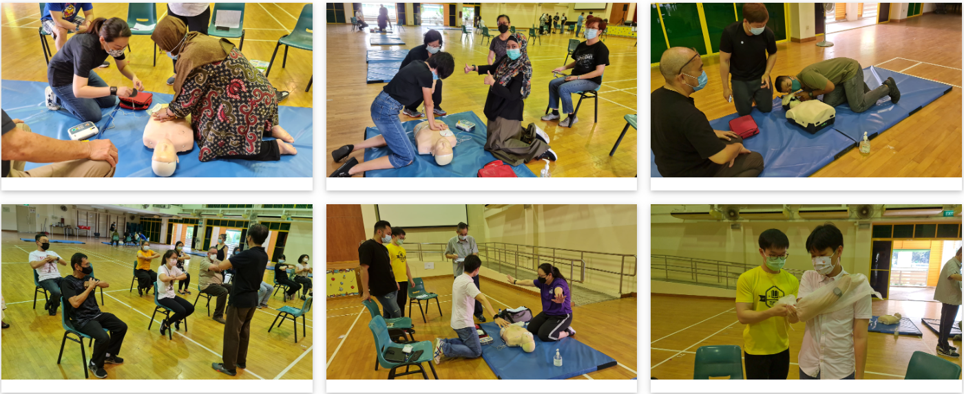Six photos of masked participants practicing CPR on mannequins and first aid techniques in a gymnasium.